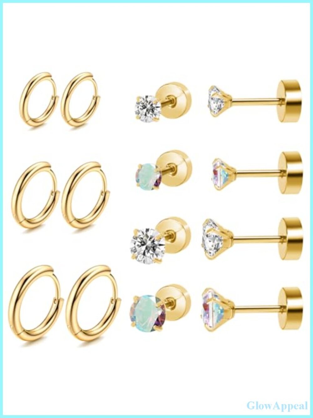 7 Pair Titanium Earring Set for Sensitive Skin, Hypoallergenic Flat Back Stud &
